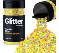 Hemway Premium Glitter Shaker - Gold Holographic Mix | 105g Mixed Size Metallic Flake Sequins for Resin & Epoxy Crafts | Craft Supplies for Tumblers, Festival, Hair, Face, Body, Eye & Nail Art