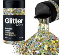 Hemway Premium Glitter Shaker - Gold Silver Holographic | 120g Multi Size Metallic Flake Sequins for Resin & Epoxy Crafts | Craft Supplies for Tumblers, Festival, Hair, Face, Body, Eye & Nail Art