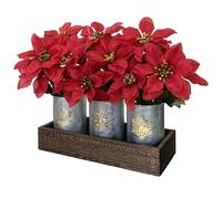 HEMYLU Poinsettias Artificial Christmas Flowers with LED Lights, Red Xmas Table Centerpiece in Pots and Wood Box for Decoration