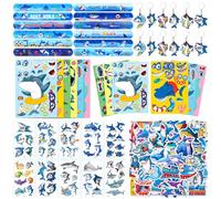 HEMYTAP 98Pcs Shark Party Favors Include Slap Bracelets, Keychains, Make a Shark Stickers, Temporary Tattoos and Vinyl Stickers for Kids Shark Ocean Sea Themed Birthday Party Supplies Decorations