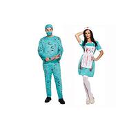 HENBRANDT Adult Couple’s Costume Bloody Surgeon and Bloody Nurse Fancy Dress Double Doctor and Nurse Costume Set Halloween Fancy Dress Costume for Men and Women