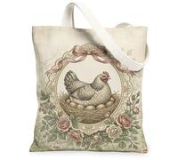 Hen Canvas Tote Bag for Women, Vintage Rustic Nest Eggs Spring Cream Washable Reusable Market Tote Ideas for Shopping Trips, Cream, 13x15 Inch