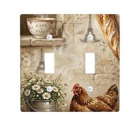 Hen Double Light Switch Cover Plate, Rustic Chic Daisies Paris Tower Fall Brown Plastic Standard Size Switch Plate Decorative for Bedroom Bathroom Kitchen Entrance Decor