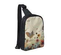 Hen Flying Butterflies Among Flower Printed Chest Bag Sling Bag for Men Women, Waterproof Crossbody Backpack Men Bag for Runner Workout Hiking Cycling Travel