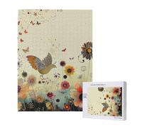 Hen Flying Butterflies Among Flower Printed Jigsaw Puzzle with Storage Box, Wooden Puzzle for Adults and Kids, 500 Pieces Family Fun Decorative Game, 38x52 CM