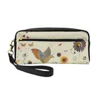 Hen Flying Butterflies Among Flower Printed Leather Makeup Bags with Wrist Strap Portable Travel Toiletry Bag Cosmetic Organizer Bag for Women