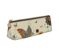 Hen Flying Butterflies Among Flower Printed Leather Pencil Case Triangle Pen Pencil Pouch Office Large Pencil Bag Stationery Box for Men Women Teens Students