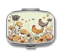 Hen Flying Butterflies Among Flowers Pill Box 2 Compartment Small Square Pills Case Portable for Pocket Pill Organizer Travel Metal Pill Holder for Office Home Vitamin Medicine Fish Oil
