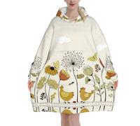 Hen Flying Butterflies Among Flowers Print Blanket Hoodie Oversized Wearable Hooded Blanket Warm Throw Blanket Sweatshirt For Women Men Teens 320g Flannel