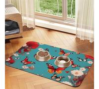 Hen Flying Butterflies Among Flowers Print Pet Food Mat Absorbent Non Slip PU Leather Feeding Mat for Dogs Cats Rubber Bottom