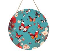 Hen Flying Butterflies Among Flowers Print Round Wooden Wall Art Decor Circle Wood Plaque for Home Living Room Bedroom