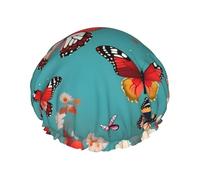 Hen Flying Butterflies Among Flowers Print Shower Cap - Reusable Bath Hair Cap, Double Layer, Adjustable Elastic Strap, Durable Travel Essential