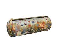 Hen Flying Butterflies Among Flowers Printed Leather Pencil Case Round Pen Pencil Pouch Office Large Pencil Bag Stationery Box for Men Women Teens Students
