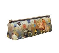 Hen Flying Butterflies Among Flowers Printed Leather Pencil Case Triangle Pen Pencil Pouch Office Large Pencil Bag Stationery Box for Men Women Teens Students