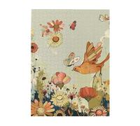 Hen Flying Butterflies Among Flowers Printed Wooden Puzzle 500 Piece, Cute Puzzle Game in Plastic Box for Family Entertainment and Brain Training Gifts