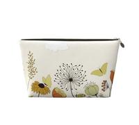 Hen Flying Butterflies Among Flowers Womens Makeup Bag Leather Travel Toiletry Organizer Wash Bag Cosmetic Pouch with Zipper Girls Handbag Gold