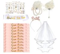 Hen Party Accessories, Include Bride to Be Sash, Team Bride Sashes,Tattoos,Tiara & Veil on Hen Do Party,Wristbands & Badge for Wedding and Hen Party (Pink Set)