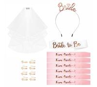 Hen Party Accessories Set of 10, Bride to Be Sash and Veil Tiara Team Bride Sash Tattoos - Wedding Bride Sash and Tiara Veil Hen Do Accessories for Bridal Shower Hen Party Decorations White + Pink