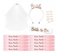 Hen Party Accessories Set of 15, Bride to Be Sash and Veil Tiara Team Bride Sash Tattoos - Wedding Bride Sash and Tiara Veil Hen Do Accessories for Bridal Shower Hen Party Decorations White + Pink