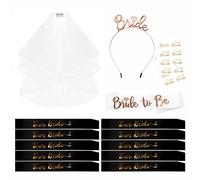 Hen Party Accessories Set of 15, Bride to Be Sash and Veil Tiara Team Bride Sash Tattoos - Wedding Hen Do Bride Sash and Tiara Veil Accessories for Bridal Shower Hen Party Decorations White Black