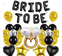 Hen Party Decoration Black Gold - Bride to Be Banner, Diamond Ring Balloon, Black Heart Gold Star Foil for Bridal Shower, Wedding, Bachelorette Party Decorations