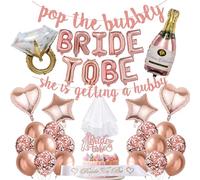 Hen Party Decorations, Rose Gold Bridal Shower Decorations Bride To Be Balloons Banner Pop The Bubbly Banner White Bridal Wedding Veil with Comb Diamond Ring Balloons for Hen Night Engagement Party