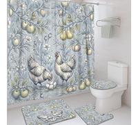 Hen Shower Curtain Sets, Farmhouse Rustic Egg Flower Spring Blue Washable with Hooks Design Bathroom Shower Curtain and Rug Set for Bath Bathtub Apartment Decor 72x72 Inch