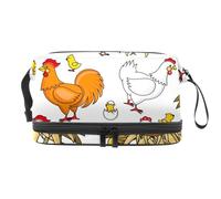 Hen Sits in Hay Nest and Chicks Double Layer Cosmetic Bag for Women and Girls, Travel Toiletry Bag Makeup Handy Pouch Organiser Bag with Brush Compartment