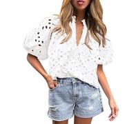 HENANSYF Women's Hollow Out Lace Embroidered Blouses, Lantern Sleeve V Neck Buttons Shirts Casual Summer Tops (White,L)