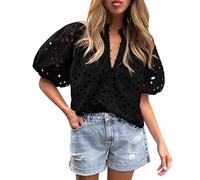 HENANSYF Women's Hollow Out Lace Embroidered Blouses, Lantern Sleeve V Neck Buttons Shirts Casual Summer Tops (Black,XL)