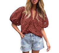HENANSYF Women's Hollow Out Lace Embroidered Blouses, Lantern Sleeve V Neck Buttons Shirts Casual Summer Tops (Brown Red,M)