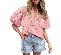 HENANSYF Women's Hollow Out Lace Embroidered Blouses, Lantern Sleeve V Neck Buttons Shirts Casual Summer Tops (Pink,L)