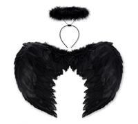 HENBRANDT - 1 x Black Dark Angel Costume Set - Black Feather Wings & Fur Halo Accessory for Halloween Fancy Dress Parties Adults Gothic Cosplay
