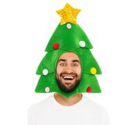 HENBRANDT 1 x Christmas Tree Face Hat - Festive Adult Novelty Costume Accessory, Plush Green Xmas Tree Headwear with Sparkly Star & Colourful Baubles, One Size Party Fancy Dress