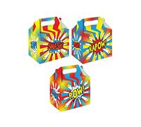 Henbrandt 12 x Superhero Comic Action Words Medium Party Boxes for Birthdays and Weddings Gift Box Party Favours Goodies and Treats Empty Cardboard Picnic Boxes for Food