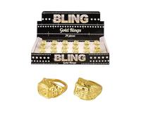 HENBRANDT 12x Chunky Gold Bling Rings Fake Gold Signet Ring Sovereign Ring Hip Hop Rapper Gangster Rings Novelty Retro 70s 80s 90s Costume Jewellery Fancy Dress Accessory
