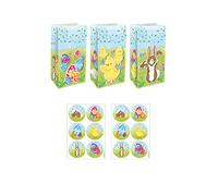 HENBRANDT 12x Easter Paper Party Bags with Stickers 3 Assorted Designs Kids Paper Lunch Bag Gift Bag for Picnics Easter Egg Hunts Party Favours Goodies Treats Packaging Boys and Girls, Multicolour