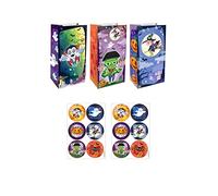 HENBRANDT 12x Halloween Paper Party Bags with Stickers 3 Assorted Designs Kids Paper Lunch Bag Gift Bag for Trick or Treat Spooky Party Favours Goodies Sweets and Treats Packaging Boys and Girls