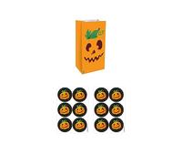 Henbrandt 12x Orange Pumpkin Halloween Paper Party Bags with Stickers Kids Paper Lunch Bag Gift Bag for Trick or Treat Spooky Party Favours Goodies Sweets and Treats Packaging Boys and Girls