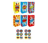HENBRANDT 12x Superhero Comic Action Words Paper Party Bags with Stickers 3 Assorted Designs Kids Paper Lunch Bag Gift Bag for Birthdays Picnics Party Favours Goodies Treats Packaging Boys and Girls
