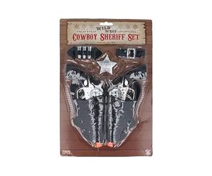 Henbrandt 6 x Cowboy Sheriff Wild West 7-Piece Sets | 7-Piece Cowboy Set, 2 Toy Guns, 2 Holsters, 3 Bullets, Belt and Sheriff Badge, Wild West Fancy Dress, Ages 3+