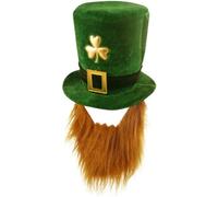 HENBRANDT Adult Deluxe Green Leprechaun Top Hat with Ginger Beard St Patrick's Day Accessories Velvet Hat One Size Irish Fancy Dress Costume Accessory for Men and Women