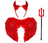 HENBRANDT Single Pack - Adult 3-Piece Devil Fancy Dress Set - Red Feathered Wings, Horned Headband & Fork Trident Prop for Halloween Costume Parties & Events