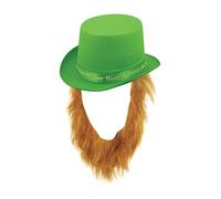 Henbrandt Adult Green Leprechaun Top Hat with Ginger Beard St Patrick's Day Accessories Green Hat One Size Irish Fancy Dress Costume Accessory