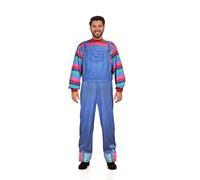 HENBRANDT Adult Killer Doll Costume - Iconic Horror Movie Character Blue Denim Jumpsuit with Multicoloured Striped Sleeves for Halloween Cosplay Fancy Dress Party Unisex One Size