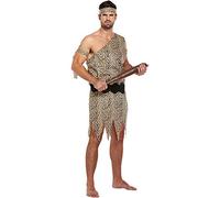 Henbrandt Adult Men’s Caveman Fancy Dress Stone Age Prehistoric Leopard Print Cave Man Tunic Halloween Outfit with Arm and Head Bands Mens Fancy Dress Costume