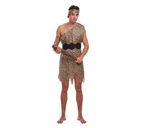 Henbrandt Adult Men’s Caveman Fancy Dress Stone Age Prehistoric Leopard Print Cave Man Tunic Halloween Outfit with Arm and Head Bands Mens Fancy Dress Costume