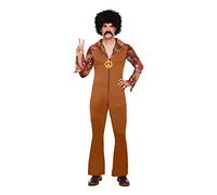 HENBRANDT Adult Men’s Hippie Fancy Dress Groovy Retro 1970s Flared Brown Jumpsuit Long Sleeve Hippy Costume with Peace Necklace Mens Fancy Dress Costume
