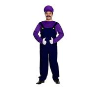 Henbrandt Adult Men’s Purple Bad Plumber Fancy Dress Costume Retro 1980s Videogame Purple + Black Overalls Moustache Brothers Workman Dress Up Outfit One Size Standard Mens Fancy Dress Costume