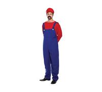 HENBRANDT Adult Men’s Red Super Plumber Fancy Dress Costume XL Retro 1980s Videogame Red and Blue Overalls Moustache Brothers Workman Dress Up Outfit One Size Extra Large